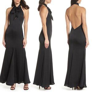 NEW Fame and Partners 10 The Ace Trumpet Satin Gown Maxi Formal Dress Black Bow
